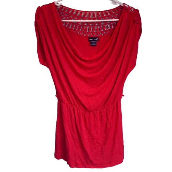 Wet Seal Red Tshirt Womens Crochet Short Sleeve Dressy Low Scoop Neck L - Picture 1 of 7
